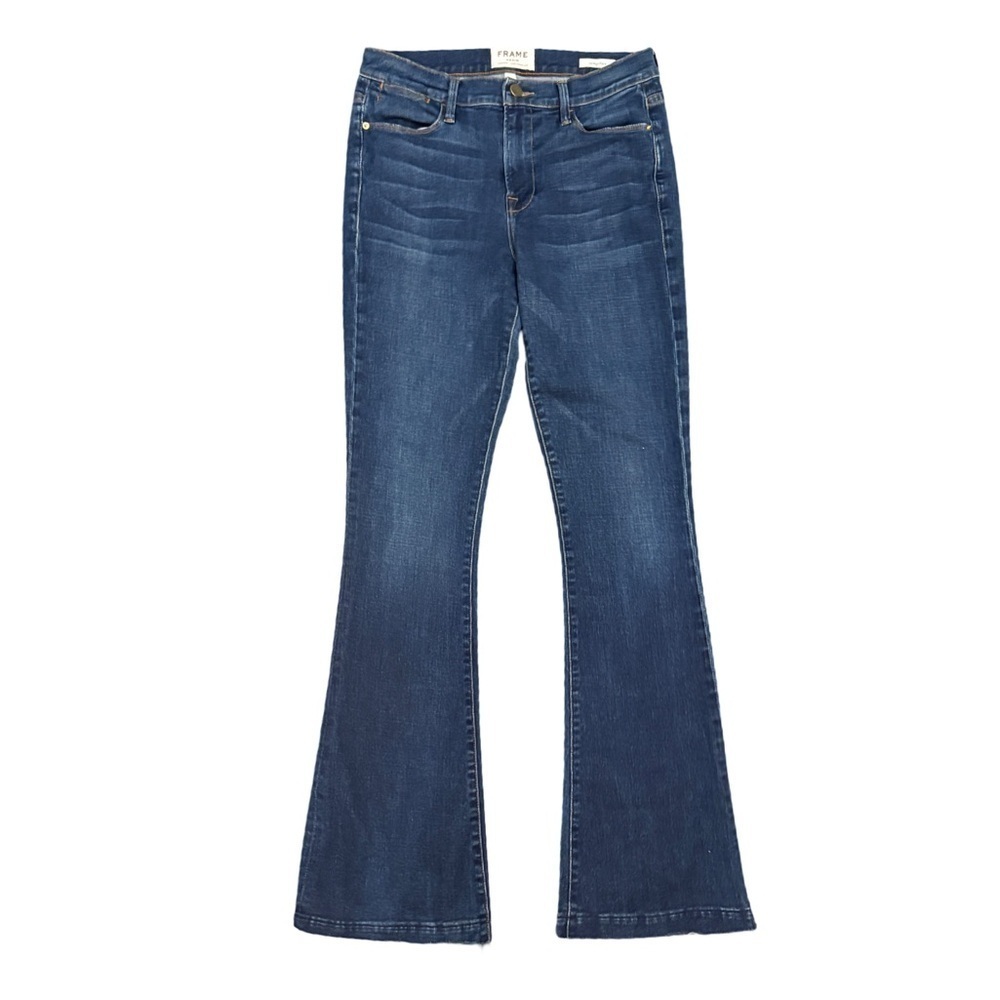 Frame Le High Flare High Rise Raw Released Fray Hem Med Blue Denim Jeans Size 28 - Picture 3 of 14